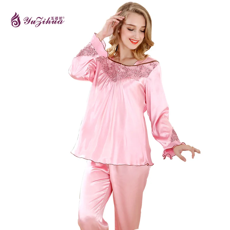 Yuzihua Квадратный Воротник sleevepajamas устанавливает шелковый атлас ночное розовый