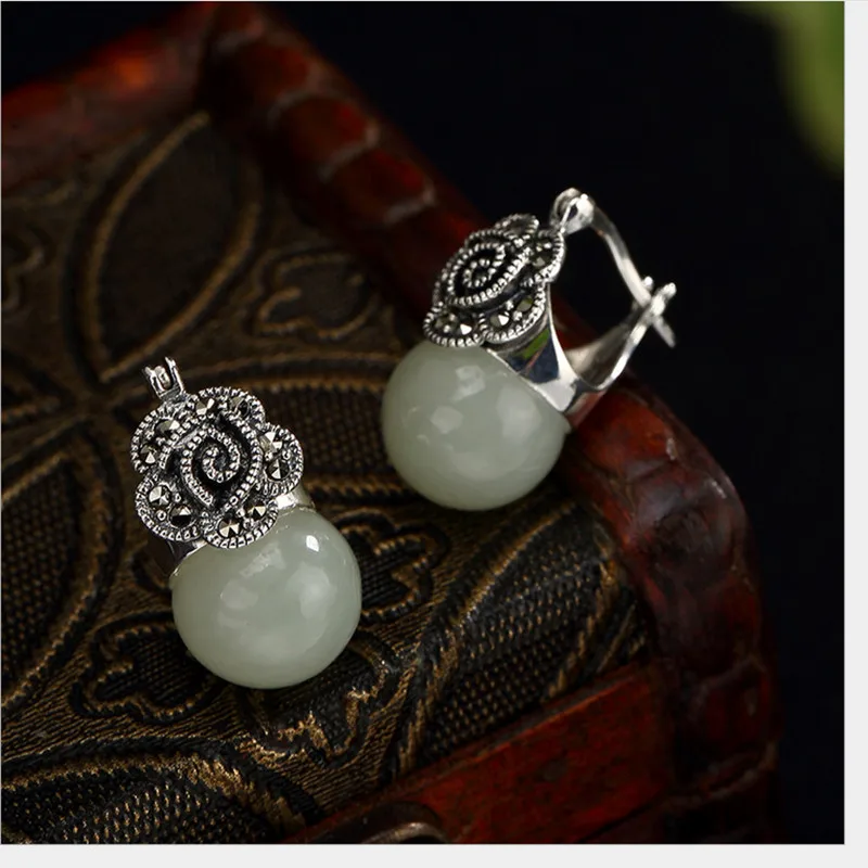 

Uglyless Real 925 Sterling Silver Natural Jade Beads Earrings for Women Vintage Marcasite Flower Brincos Bijoux Handmade Jewelry