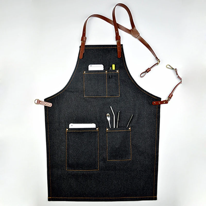 Джинсовый ковбойский фартук для барбекю хлопковый выпечки кожаные ремешки