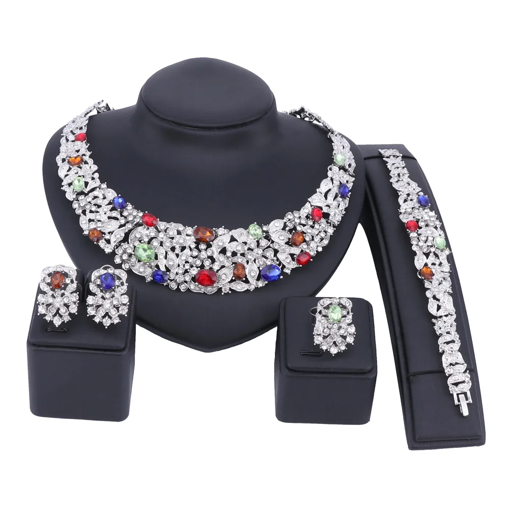 Silver Multicolors Богемные Кристальные Ювелирные наборы для невесты золотого и серебряного цвета, ожерелье со стразами в комплекте, свадебные ювелирные изделия для женщин, свадебные, вечерние, юбилейные - Окраска металла: Silver Multicolors