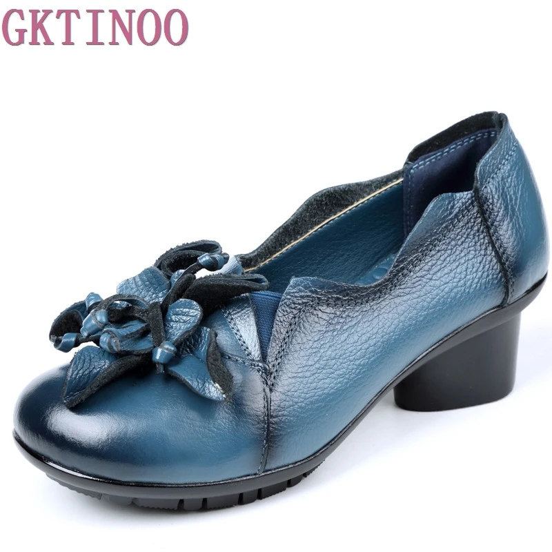 Женские туфли-лодочки ручной работы туфли из натуральной кожи на толстом каблуке