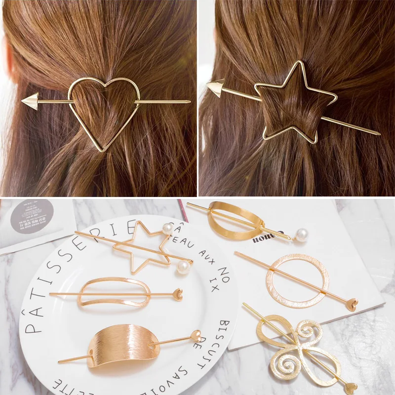 

НОВЫЕ геометрические заколки для волос в форме сердца и звезд для женщин, металлические шпильки с жемчугом, Корейская застежка для волос из ...