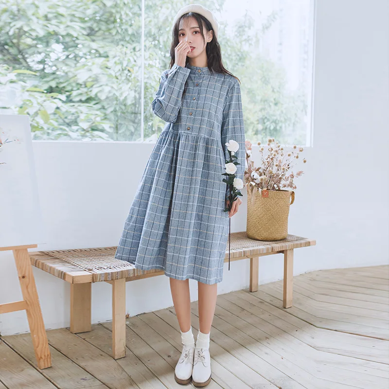 Plaid клетчатое хлопковое однобортное платье с воротником стойкой mori girl|Женские