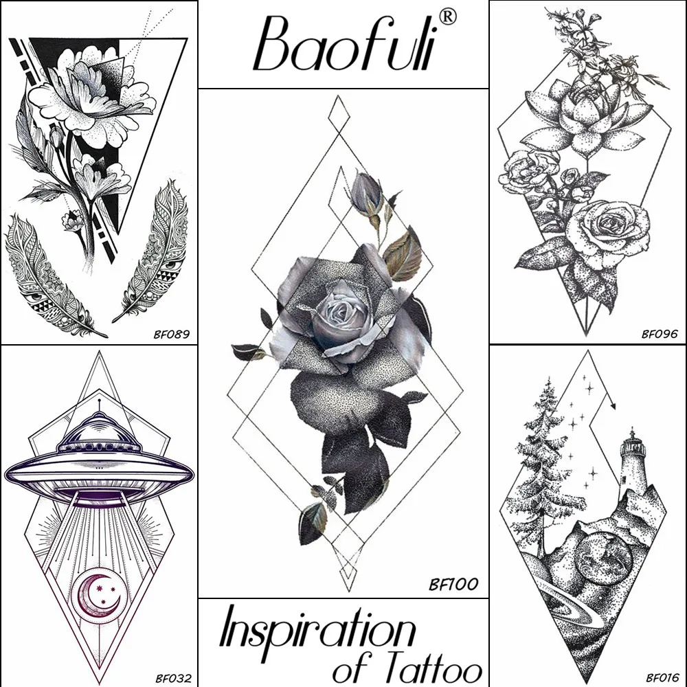 

Baofuli Triangle Rhombus Rose Temporary Tattoos Sticker Waterproof Sketch Flower Body Art Fake Geometric Arm Chest Tatto Sleeve