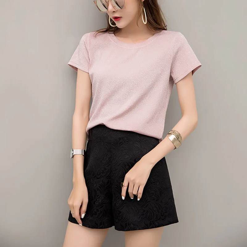 Новинка 2019 модная Блестящая футболка с люрексом Женская Базовая повседневный