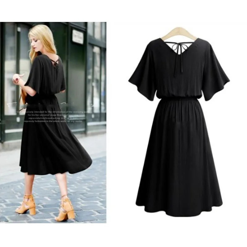 Женское платье с V-образным вырезом однотонное в европейском стиле бантом и