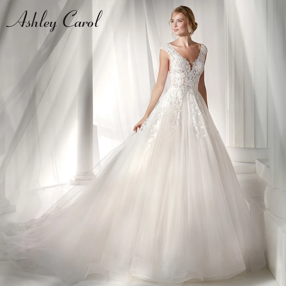 Ashley Carol Vintage Wedding Dress 2021 Sexy V-neckine Tulle Appliques Sleeveless Backless Bride Bridal Gowns Plus Size | Свадьбы и