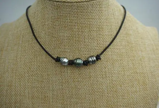 

Handmade Black Leather Natural Pearl Jewellery Black Color Big Rice Freshwater Pearl Necklace New Free Shipping