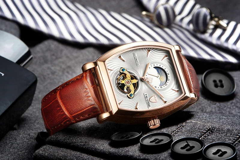 Tevise механические Автоматические часы для мужчин бизнес Tourbillon Топ люксовый бренд Relojes Hombre кожа Moon Phase часы 8383D