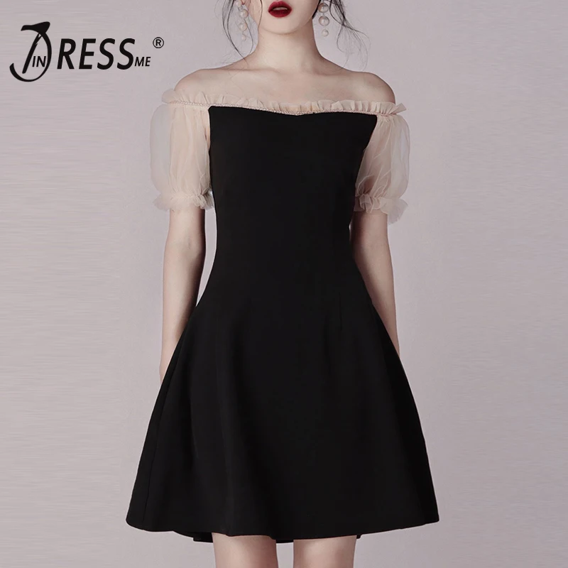 INDRESSME элегантное однотонное платье А-силуэта с коротким пышным рукавом женское