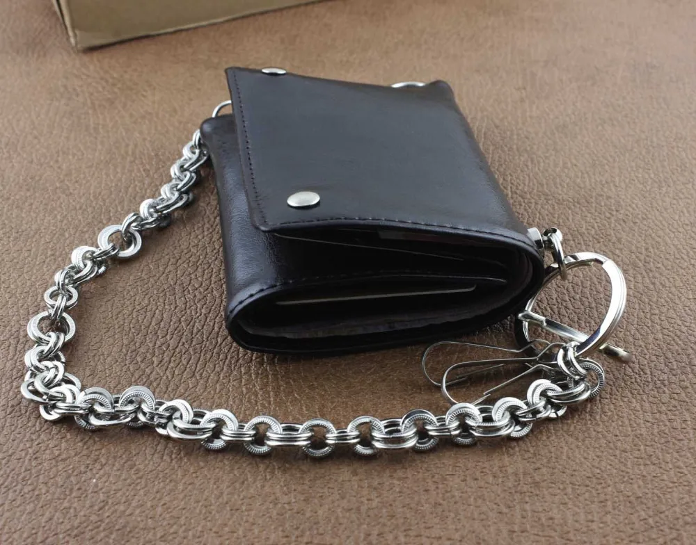 Мужской тройной кожаный бумажник для мальчиков с длинным металлическим кольцом