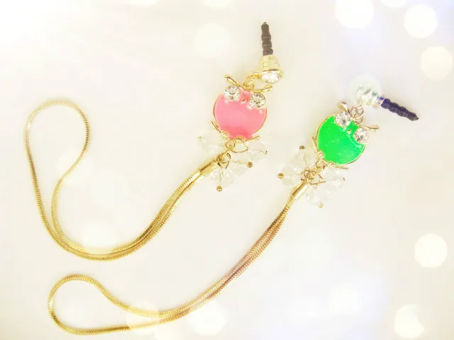 

New Fashion Cute Double-sided Dripping Water Diamond Owl Long Chain of Mobile Phone Dust Plug Ear Plug Earphone Jack Plug