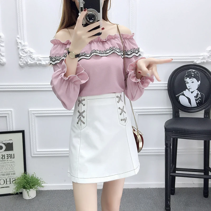 Новинка короткая юбка шифоновая блузка костюмы юбка-трапеция в Корейском стиле