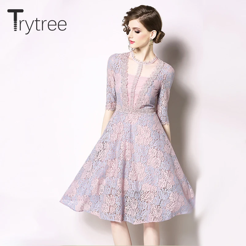 Trytree летнее романтическое цветочное Повседневное платье с круглым вырезом женские платья трапециевидной формы длиной до колена Шелковистое кружевное лоскутное Сетчатое розовое платье