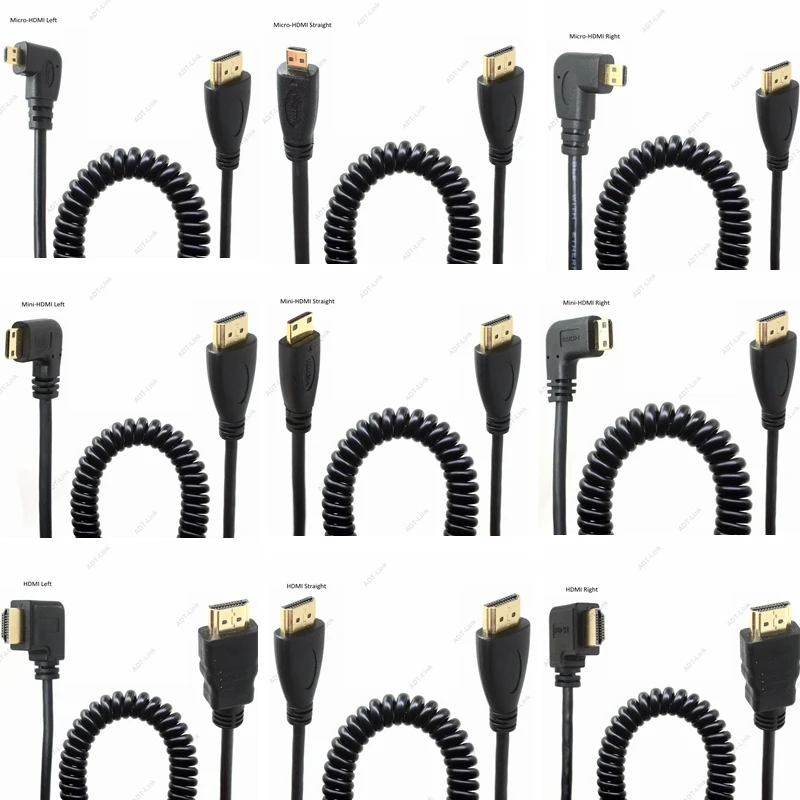 Прямой и левый и правый угловой HDMI Mini HDMI Micro HDMI к HDMI Мужской HDTV растягивающийся пружинный кабель для камеры сотового телефона XOOM TF201