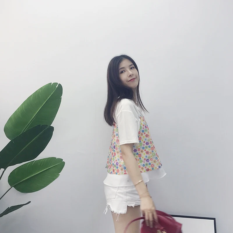 Женский поддельный Двухсекционный цветочный расшитый блестками короткий топ с