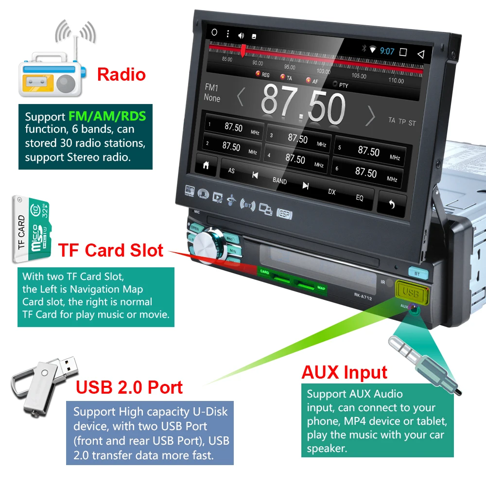 Podofo 1 din Android автомобильное радио gps навигация автоматический выдвижной экран wifi Bluetooth стерео AM/FM/RDS радио Зеркало Ссылка