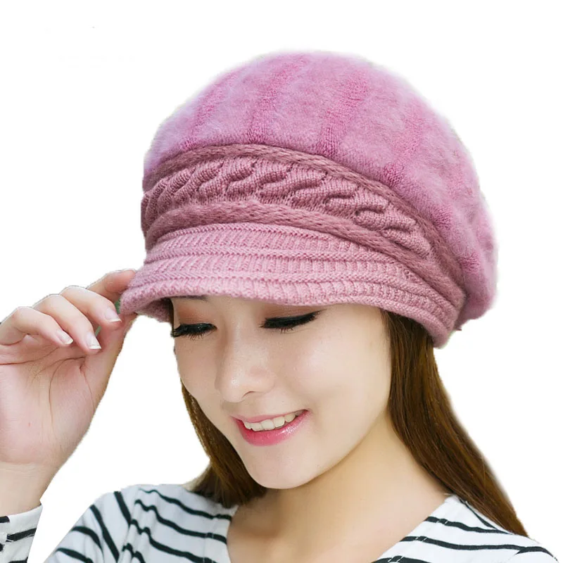 2019 новая зимняя Для женщин берет из кроличьего меха шапка на плоской подошве с