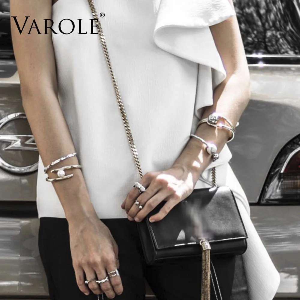 VAROLE, двойная линия, большая шаровая манжета, браслет, браслет для женщин, маншет, золотой цвет, браслеты из нержавеющей стали, металлический браслет Pulseiras