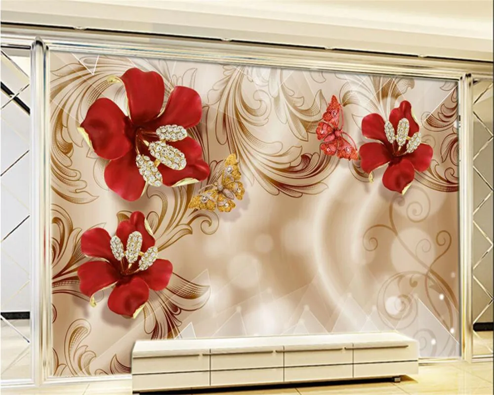

Custom Silk cloth wallpaper 3d European style palace gold jewelry flowers TV background wall 3d wallpaper papier peint beibehang