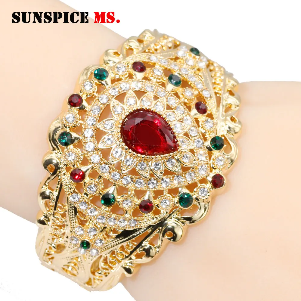 xy2338red SUNSPICE-MS, золотой цвет, металлический браслет, марокканский стиль, любовь, ювелирное изделие для женщин, свадьба, Дубай, свадебный подарок, винтажный цветок из смолы, Браслет-манжета - Окраска металла: xy2338red