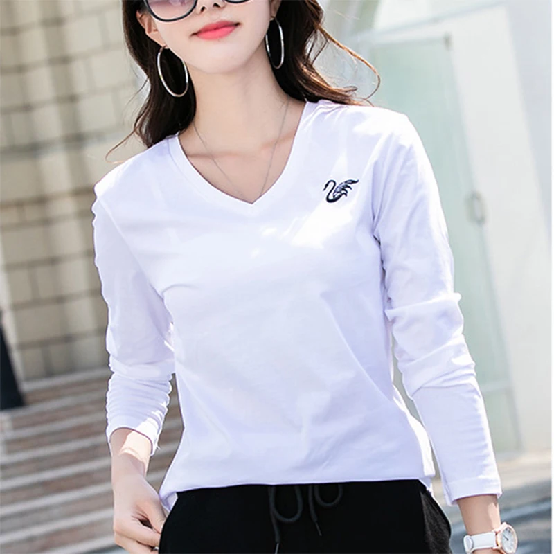 2018 новые женские часы с О-образным вырезом футболка длинными рукавами осенняя