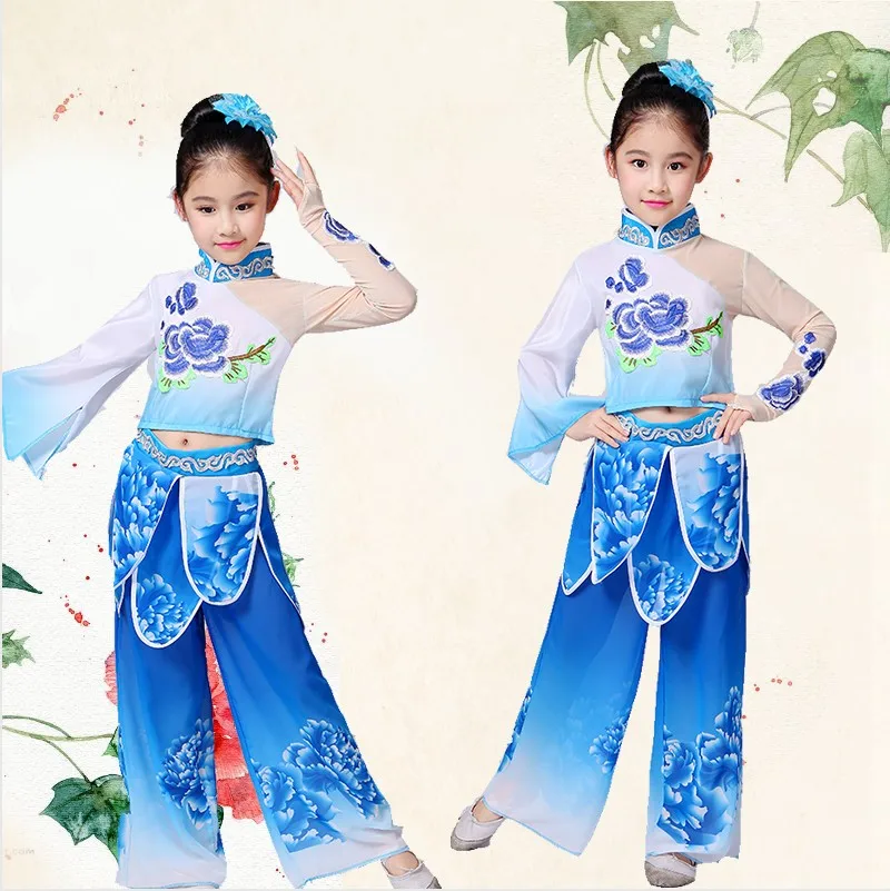 

New Arrive Fan Umbrella Dance Clothing Classical Clothes Children Blue Yangko Dance Costumes Chinese Folk Dance Costumes