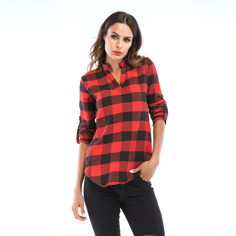 Lady New Autumn Spring Stand Collar V Neck Roll Tab Long Sleeves Tunic Plaid Pullover Shirt Blouse for Women Casual Shirts Top