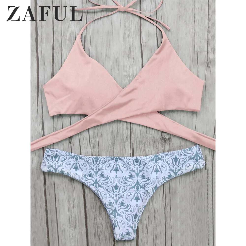 ZAFUL Повседневный бикини топ с завязками на шее и принтом в стиле барокко