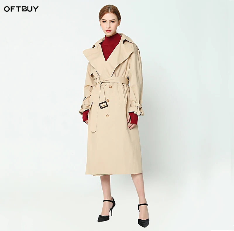 OFTBUY 2019 демисезонный Винтаж Дамы Классический длинное пальто двубортный