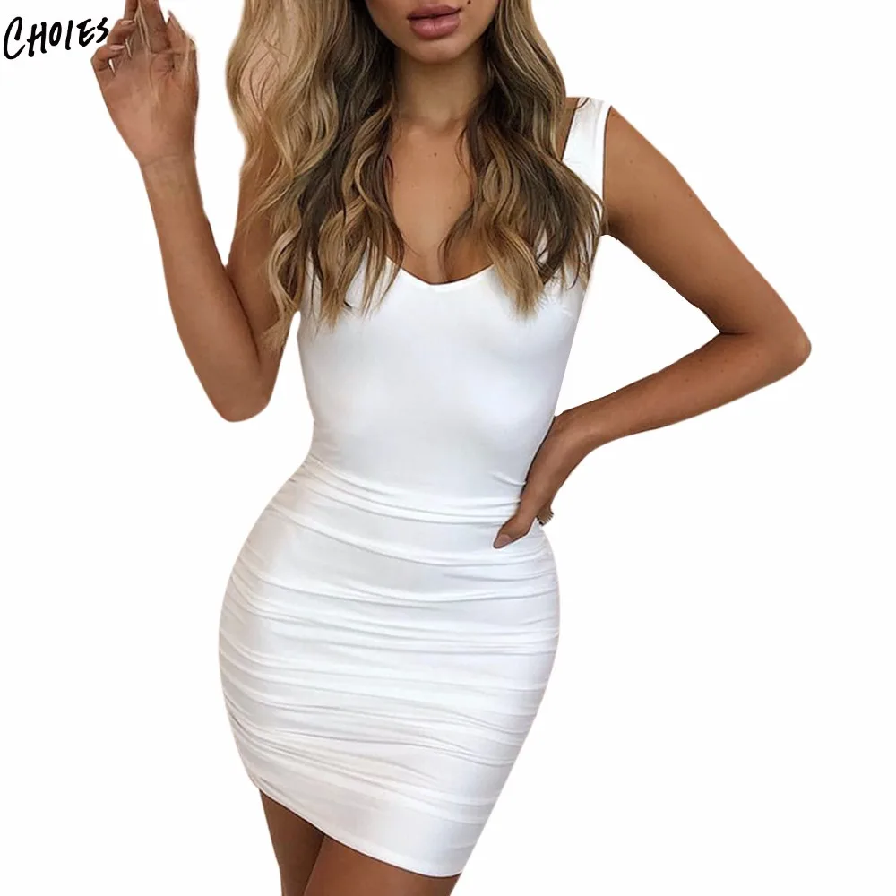 Red And White Plunge Open Back Ruched Detail Bodycon Mini Dress Women V Neck Sleeveless Sexy Elegant Backless Party Dresses | Женская