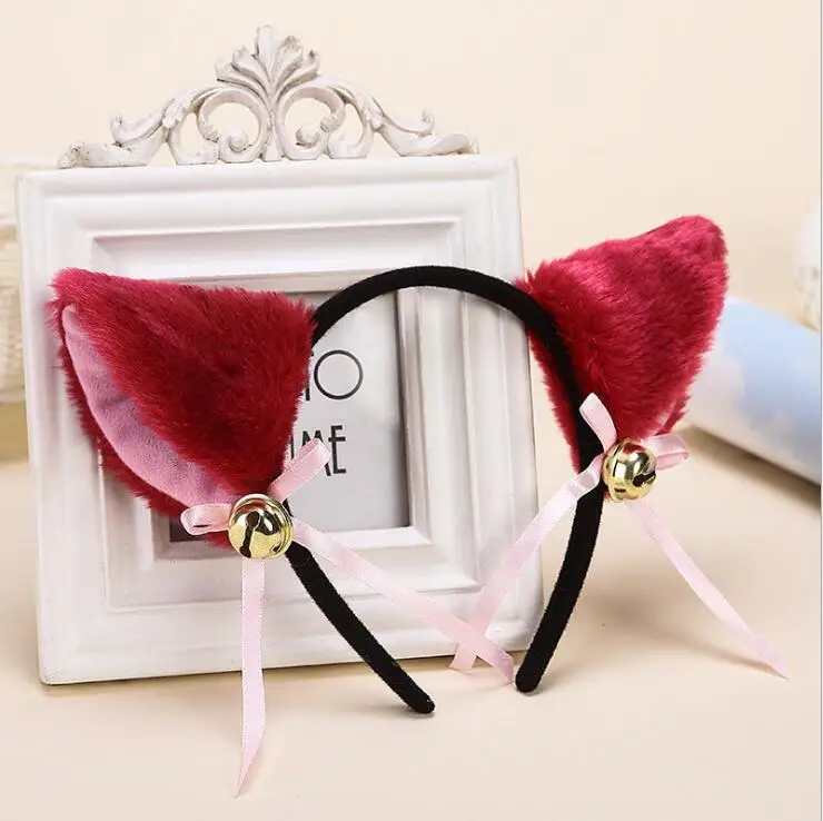 Повязка на голову с мультяшными кошачьими лисьими ушками и бантом-колокольчиком