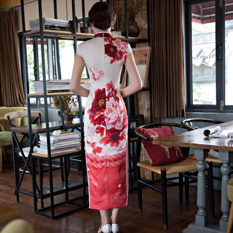 Китайский Для женщин атлас Cheongsam длинное платье с цветочным рисунком бархат шелк