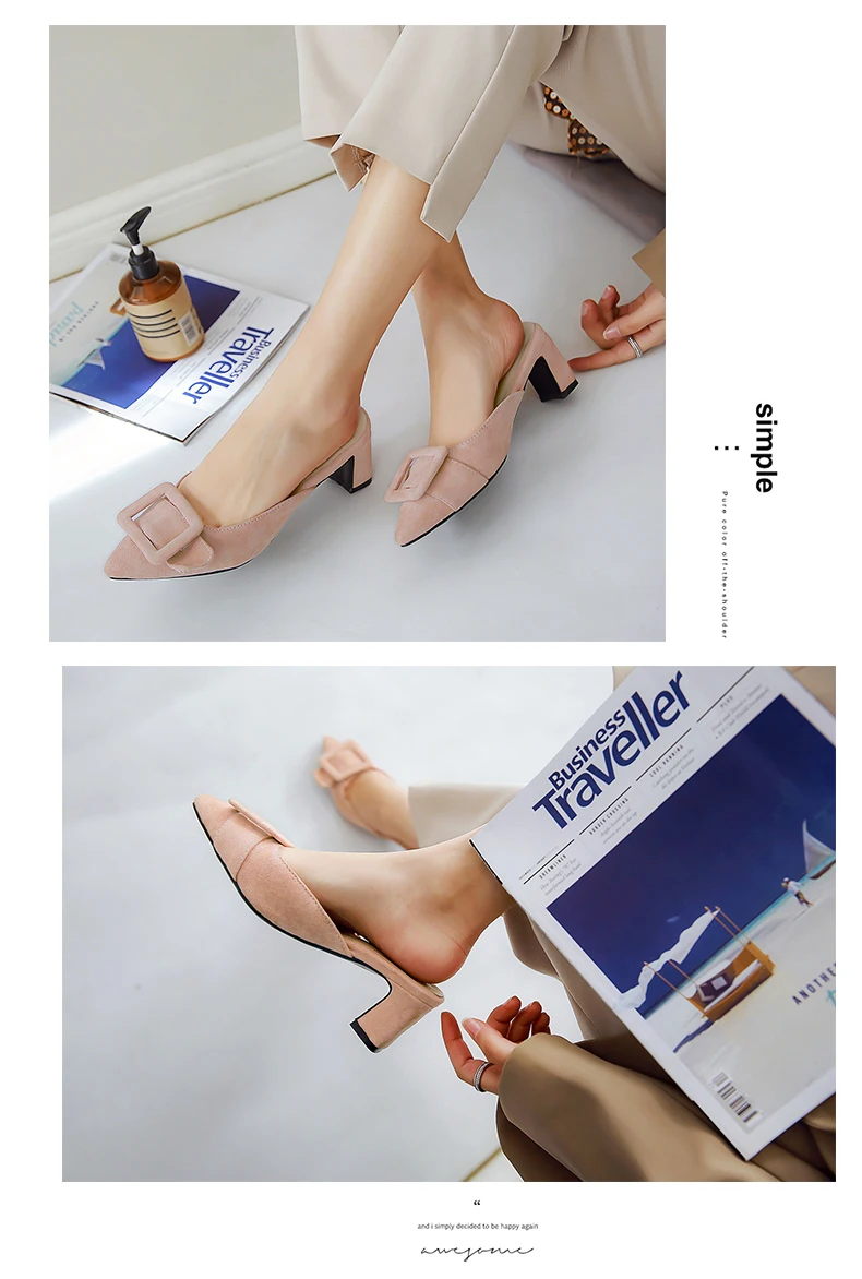 B2-7 Size 33-46 Girls Sweet Solid Colors Slippers Ladies Pointed Toes Plus Size Slides Woman High Heels Shoes Women Daily Shoe