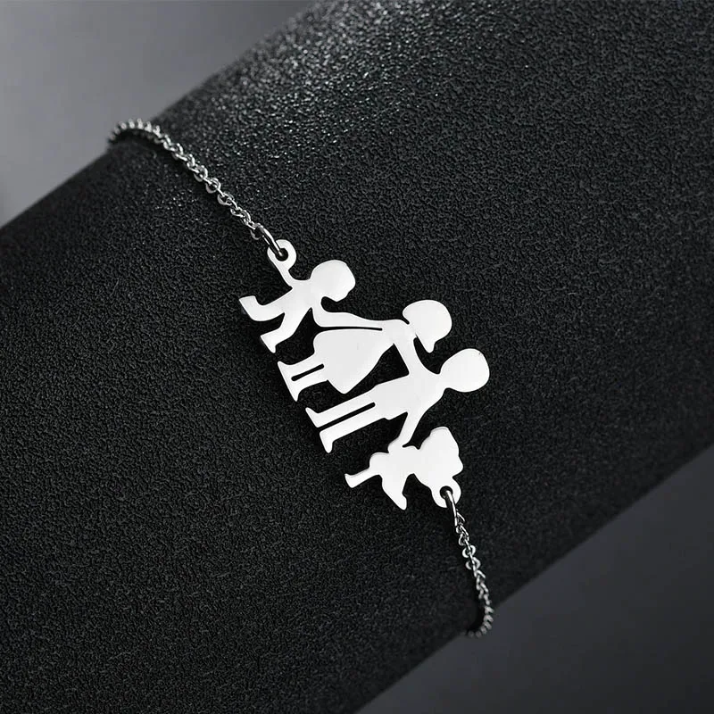 steel color Модные браслеты из нержавеющей стали для мамы, папы, дочки, мальчика, для женщин, очаровательные регулируемые браслеты с золотой фигурой, семейные браслеты, подарок, ювелирные изделия - Окраска металла: steel color