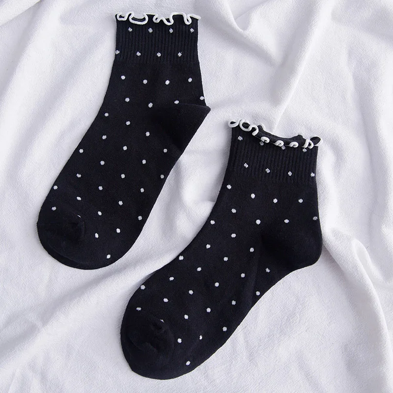 black dot Корейские милые хлопковые женские носки с кружевными оборками милые носки принцессы с оборками, высокое качество, однотонные носки для девочек, 1 пара - Цвет: black dot