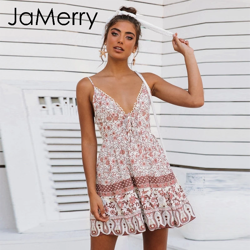 JaMerry Boho женское мини платье с принтом летнее праздничное на тонких бретельках