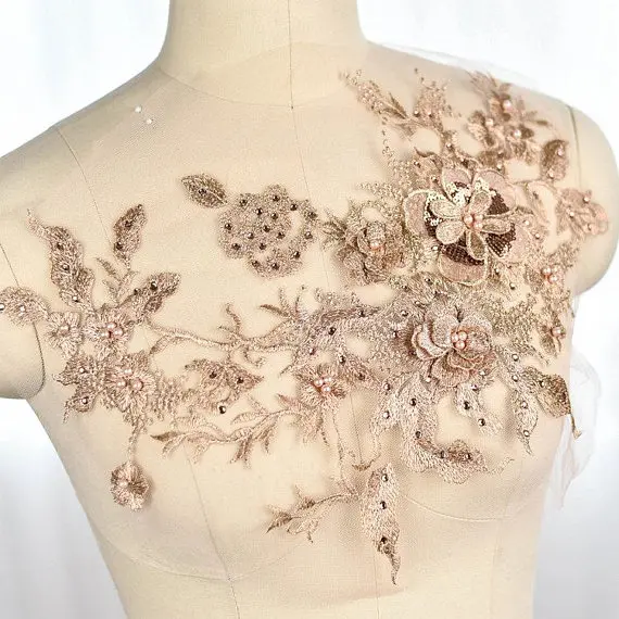 

5 Pieces Rose Gold Lace Applique Heavy Bead Lace Applique,3D Lace Bridal Applique With Rhinestones 3d Floral For Wedding Dress