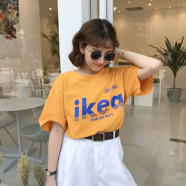 Harajuku, женская футболка с буквами, принт, забавная футболка, летняя Корейская Повседневная Свободная футболка, женские топы, одежда с коротким рукавом, футболки - Цвет: Xian 687 huang
