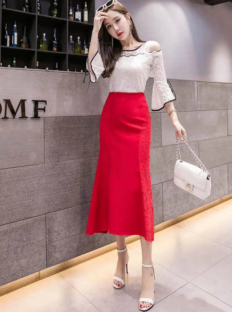 Plus Size Lace Skirt Women New Korean Fashion High waist Long Mermaid Skirts Stretch Slim Elegant Pencil Skirts