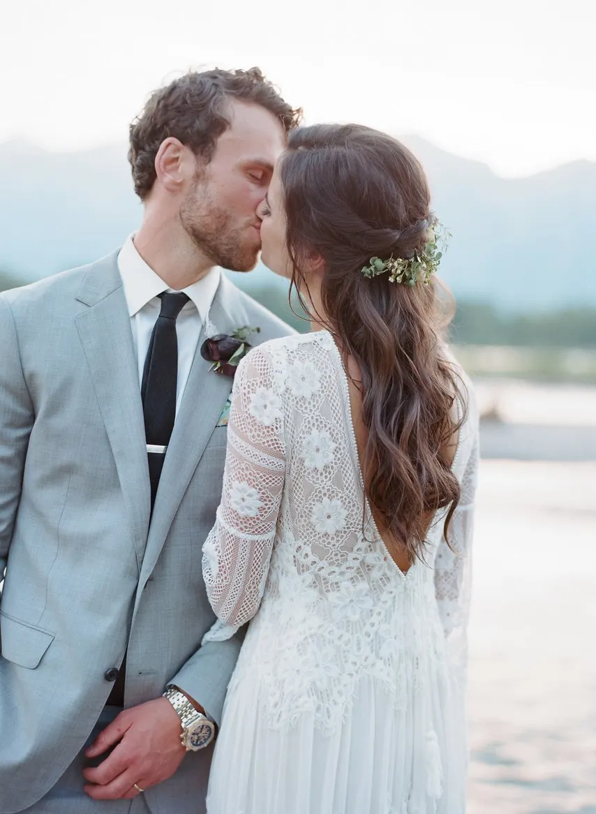 Bohemian Lace Wedding платья с рукавом-клеш глубокий v-образный вырез сексуальная открытая спина линия Boho пляжные свадебные платья Цыганский Хиппи Noivas ZW190