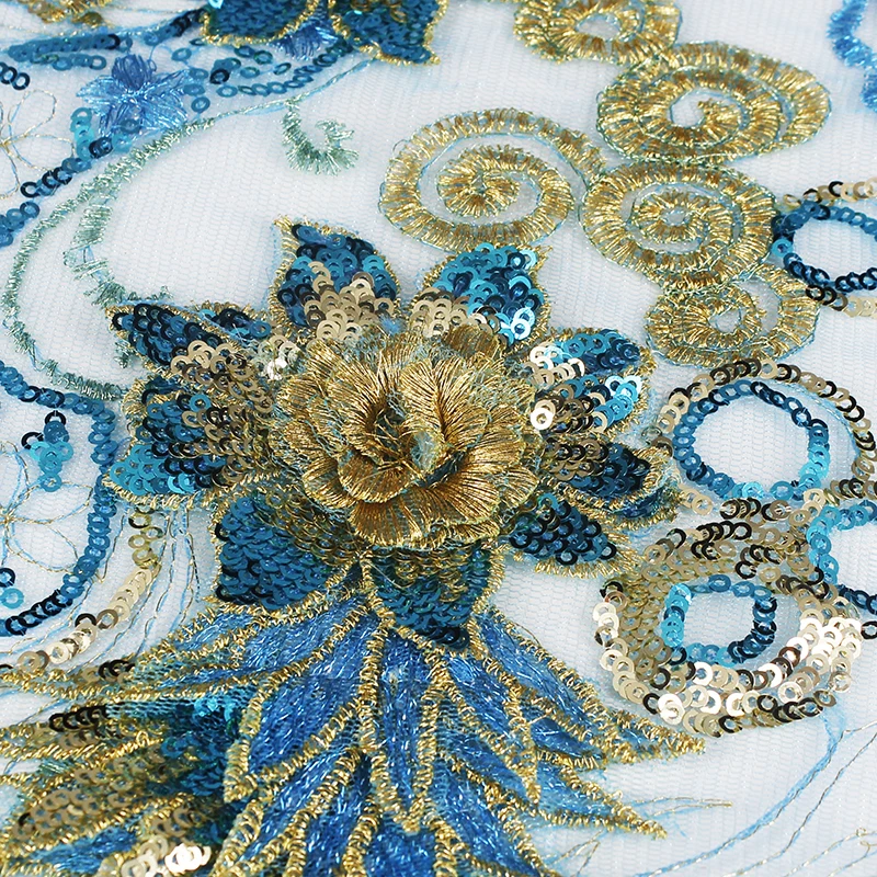 5 шт. 3D блесток цветок голубое золото кружевная вышивка аппликация Pacthes кружева
