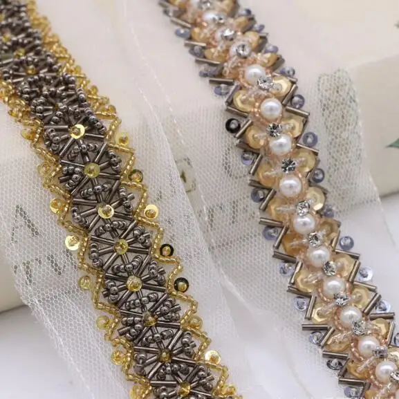 

6Yards Beads Sequins Lace Trim Beaded Rhinestone Ribbon For Sewing Clothing Collar Headdress Accessories Mesh Lace Decoration