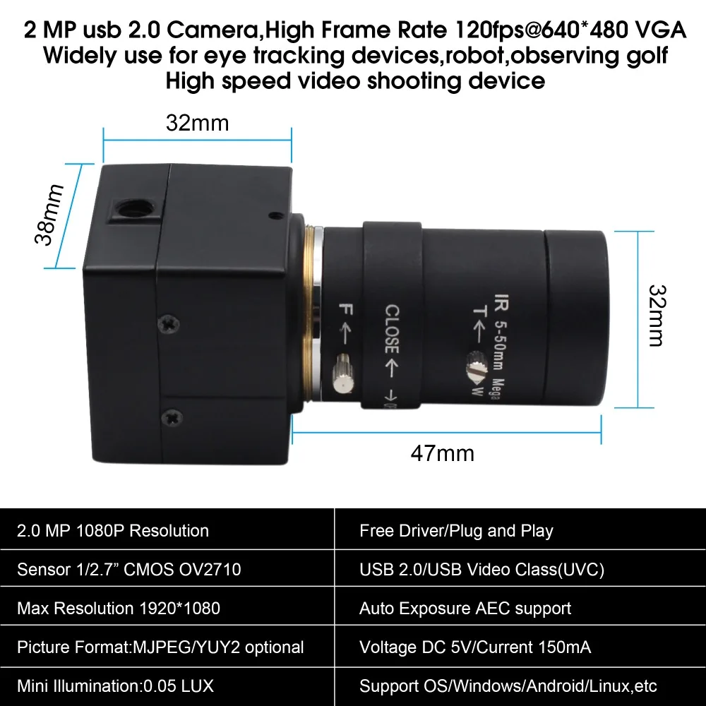 Full hd 1080P USB веб-камера 5-50 мм варифокальный CMOS OV2710 30fps/60fps/120fps промышленная usb камера UVC для ПК компьютера ноутбука