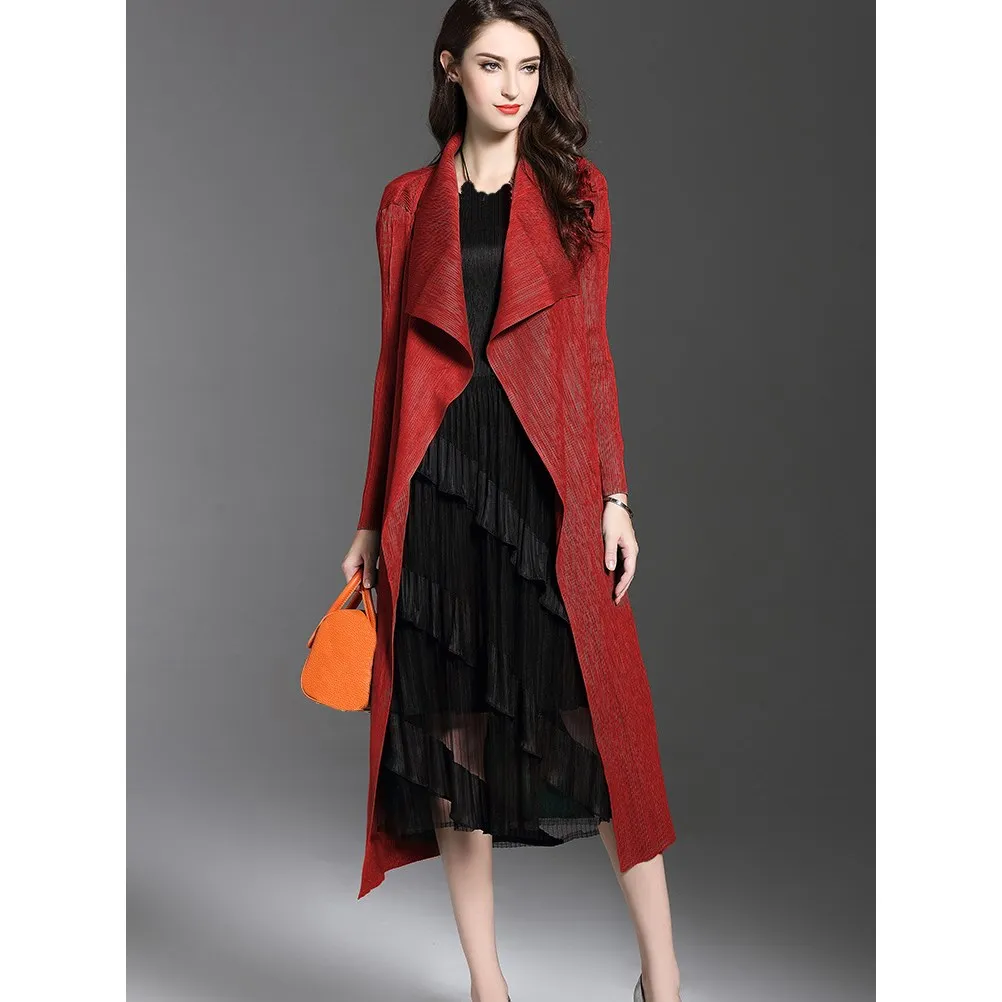 

7 Colors Nice Autumn Women Windbreaker Coat Ruched Elegant Pleated Long Cardigan Coats Fashion Long Sleeve Long Trench Coat