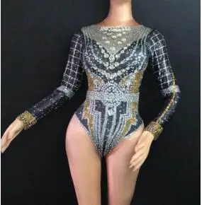 Fashion Crystals Leotard Long Coat Dance Outfit Stones Bodysuit Stage Performance Party luxurious Shining Costume
