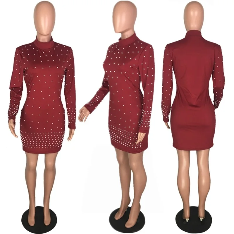 Элегантные женские облегающие платья с длинным рукавом милые бусинами|Женские