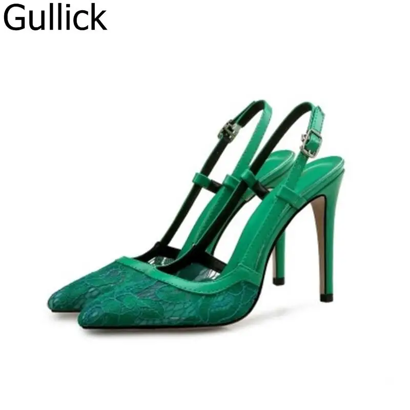 

Newest Style Women Solid Color Lace Mesh Pointed Toe Dress Sandals Summer Ankle Buckle Strap High Heel Pumps Free Shipping