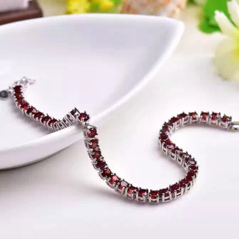 Роскошные Природные Мозамбик гранат браслет Твердые стерлингового серебра 925