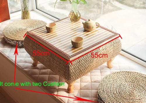 Size 55x55cm Тайский стиль Бамбуковый ротанговый низкий стол поднос стол с 2 шт Подушка соломенная трикотажная платформа стол, чайная церемония и чайный стол - Цвет: Size 55x55cm